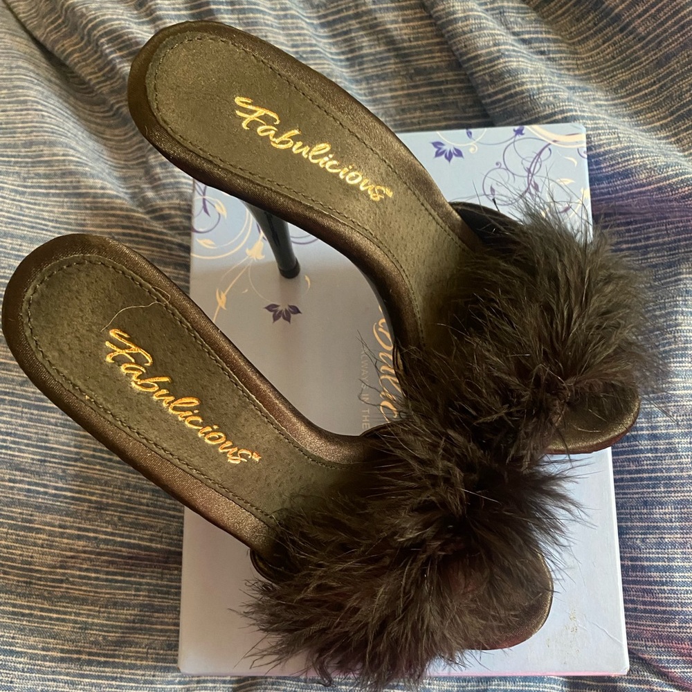 Black Satin High Heels with fur size 7